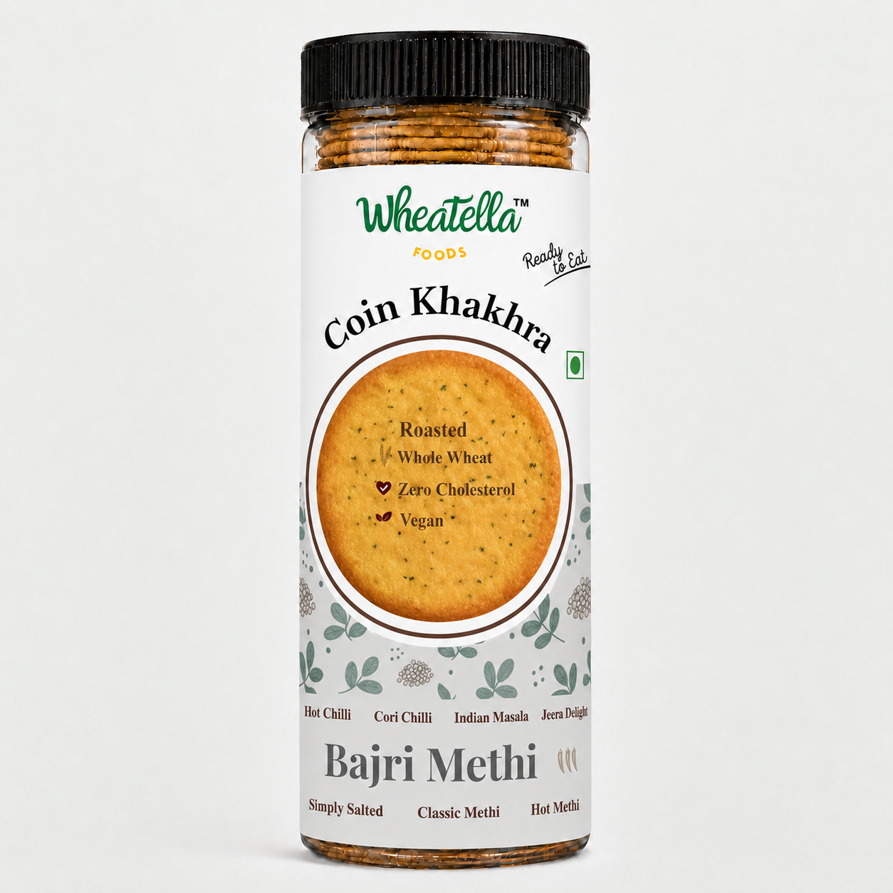 Wheatella Bajri Methi Coin Khakhra PET jar filled with roasted, crispy pearl millet and fenugreek khakhra.