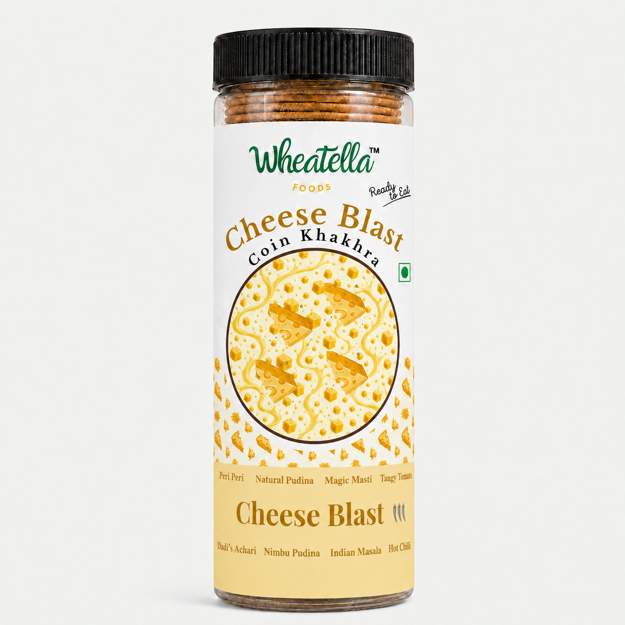 Wheatella Cheese Blast Coin Khakhra PET jar filled with roasted, crispy, bite-sized khakhra.