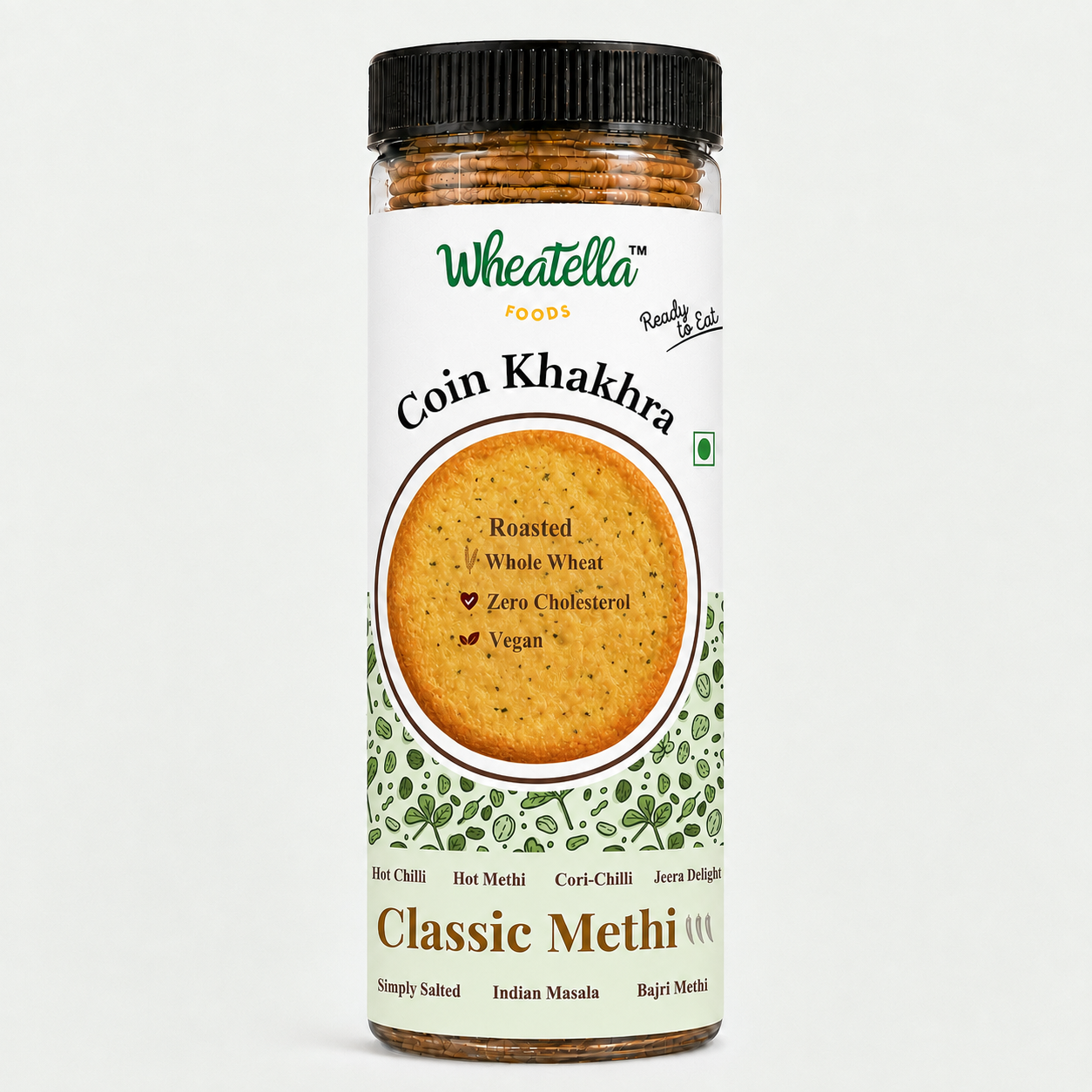 Wheatella Classic Methi Coin Khakhra PET jar filled with roasted, crispy and bite-sized methi khakhra.
