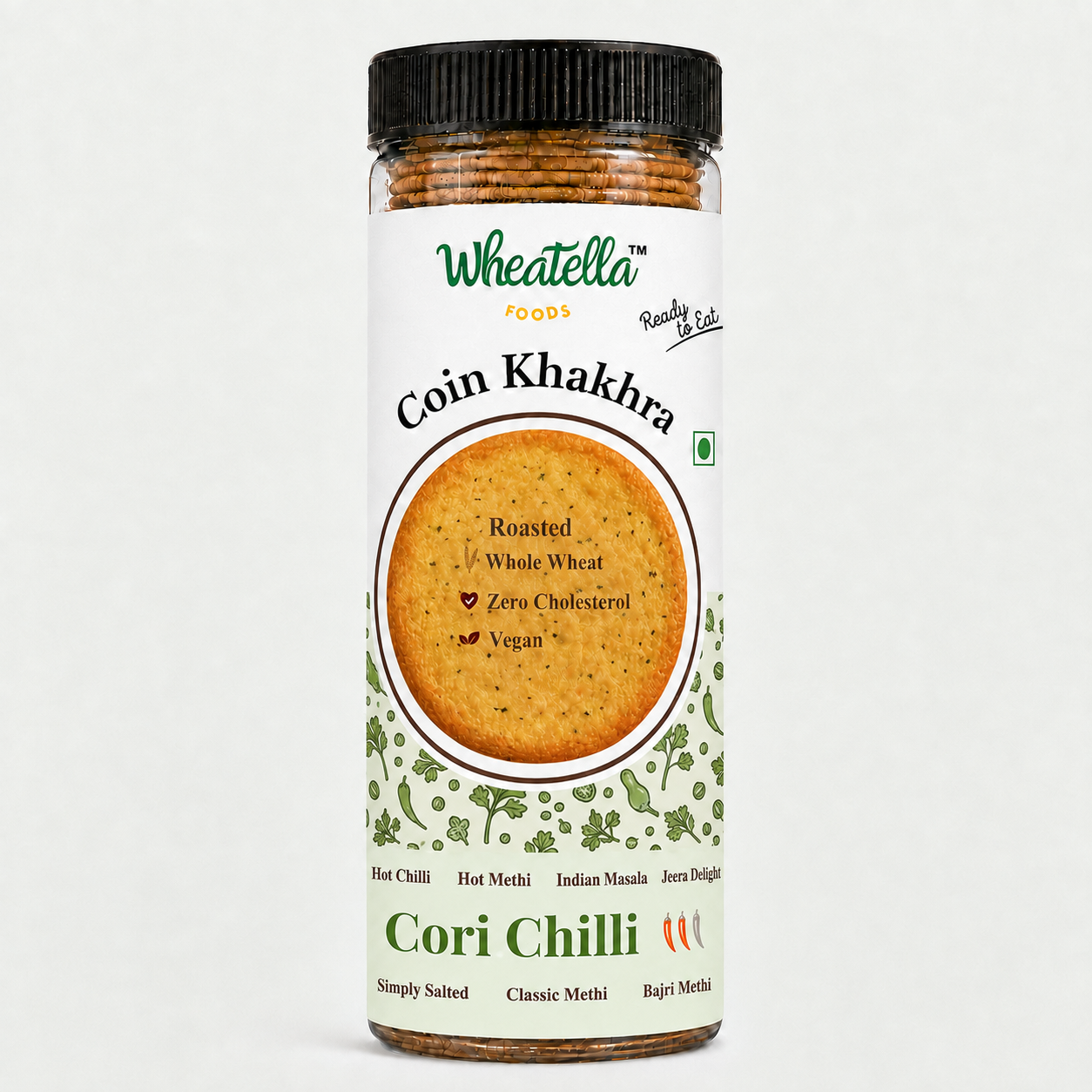 Wheatella Cori Chilli Coin Khakhra PET jar filled with roasted, crispy, coriander and green chilli-flavoured khakhra.