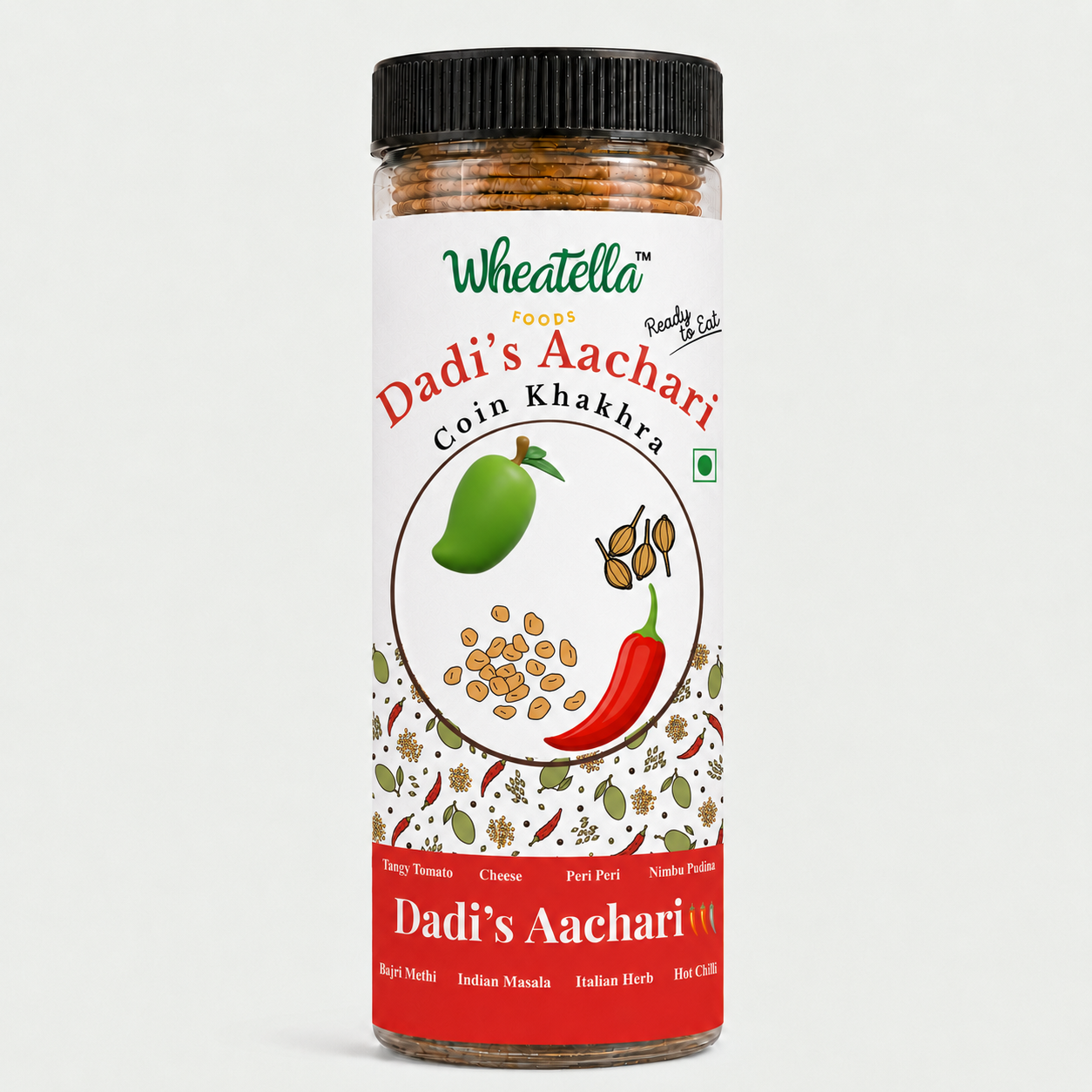 Wheatella Dadi’s Aachari Coin Khakhra PET jar filled with roasted, crispy and bite-sized khakhra.