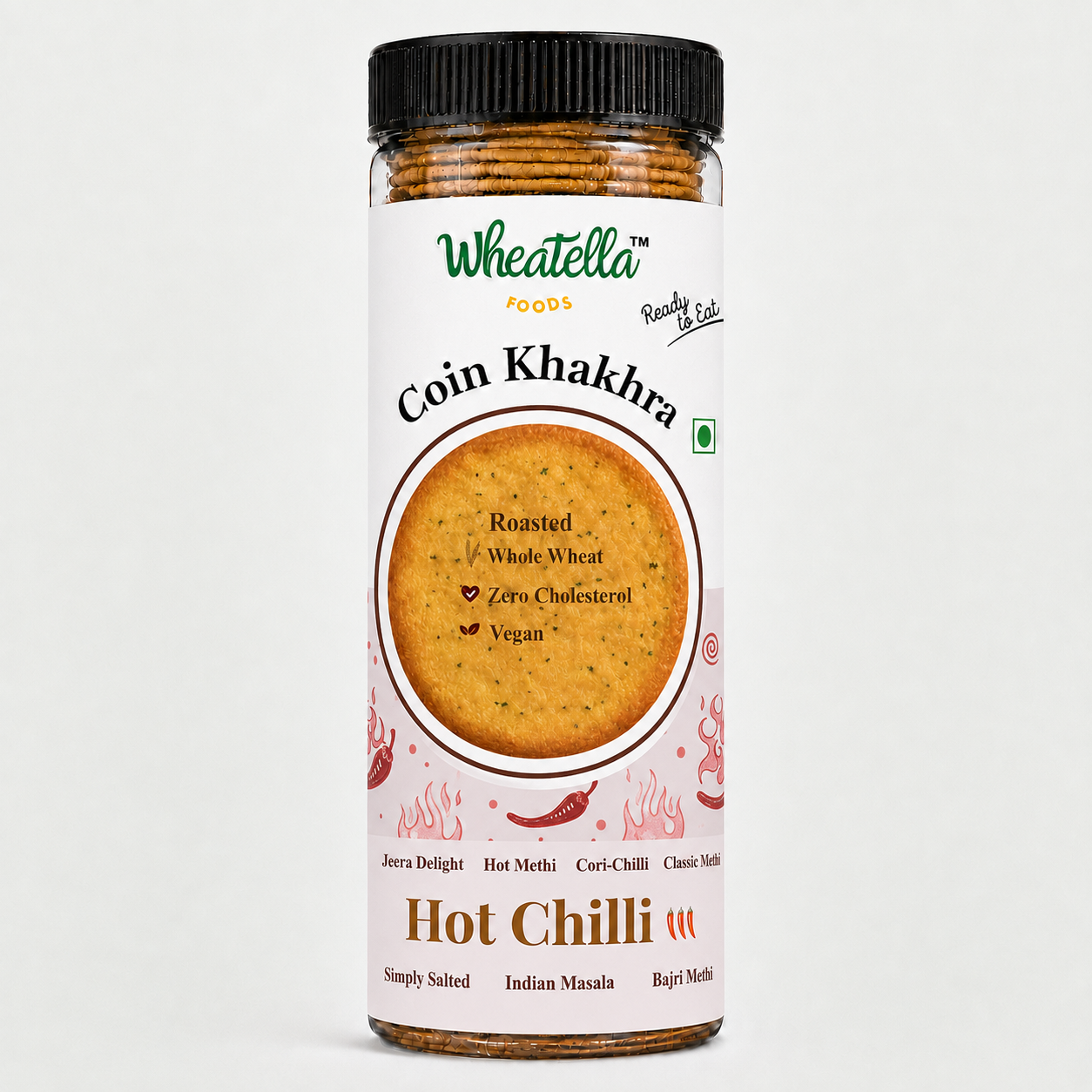 Wheatella Hot Chilli Coin Khakhra PET jar filled with spicy, roasted, crispy and bite-sized khakhra.