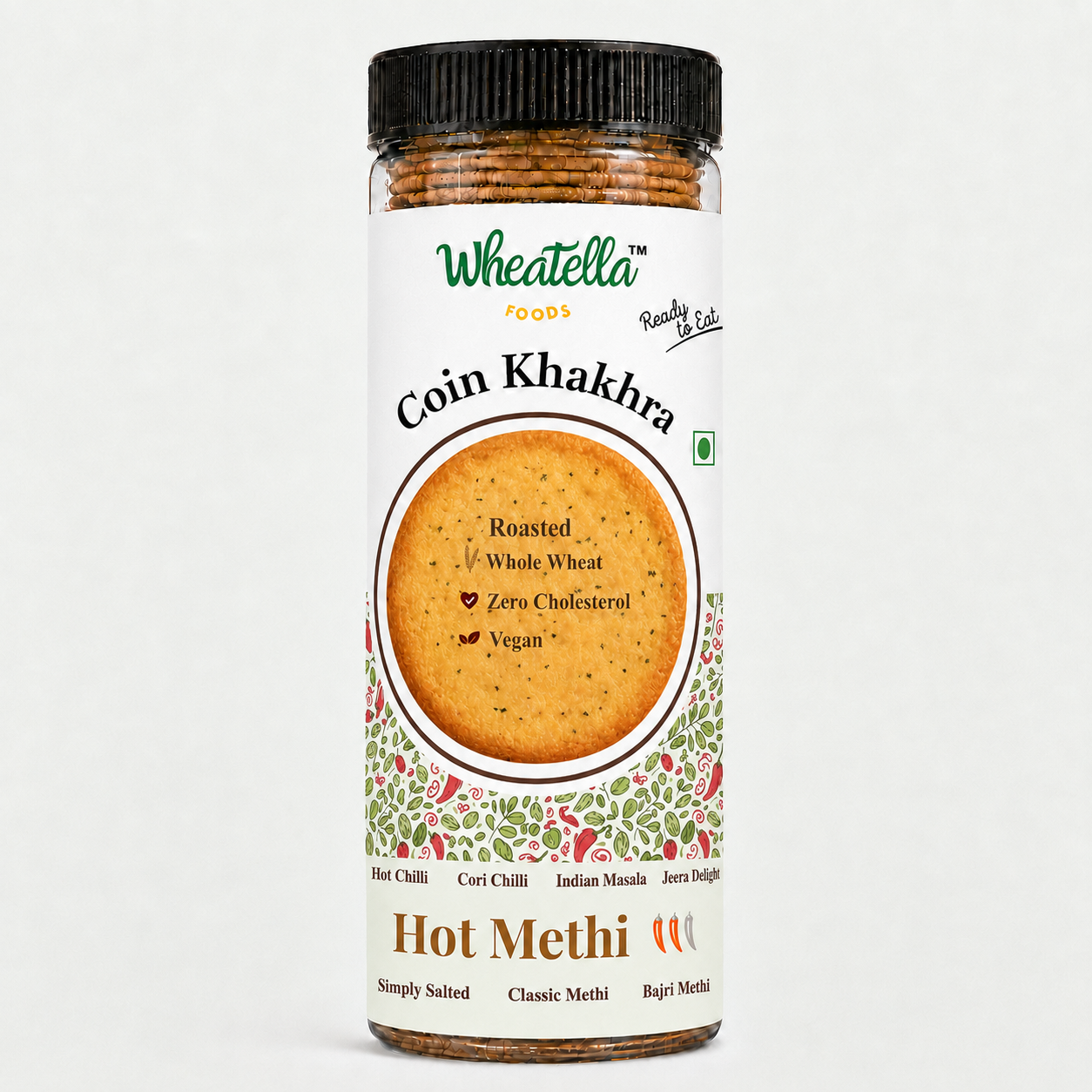 Wheatella Hot Methi Coin Khakhra PET jar filled with roasted, crispy, fenugreek and chilli-flavoured khakhra.