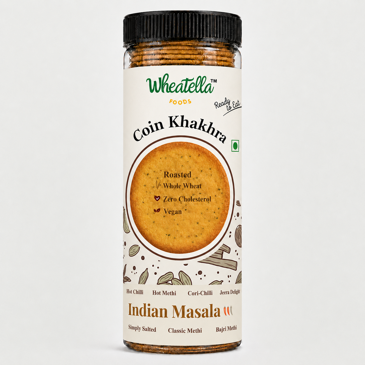 Wheatella Indian Masala Coin Khakhra PET jar filled with roasted, crispy, bite-sized masala khakhra.