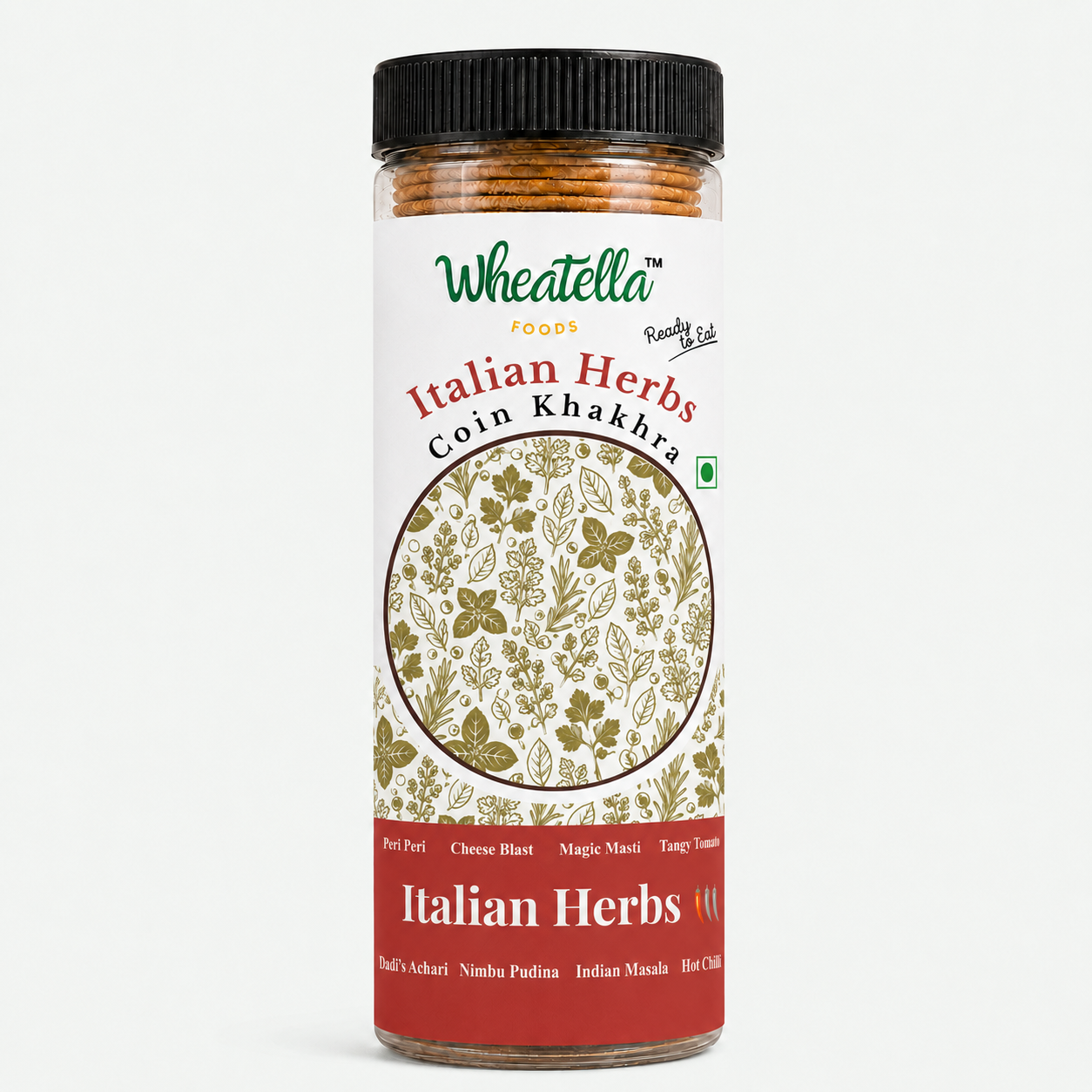 Wheatella Italian Herbs Coin Khakhra PET jar filled with roasted, crispy and bite-sized khakhra.