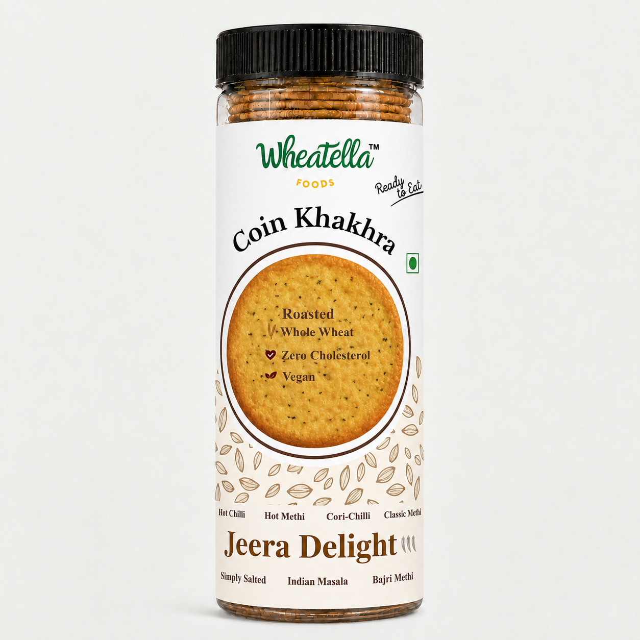 Wheatella Jeera Delight Coin Khakhra PET jar filled with roasted, crispy, cumin-flavoured bite-sized khakhra.