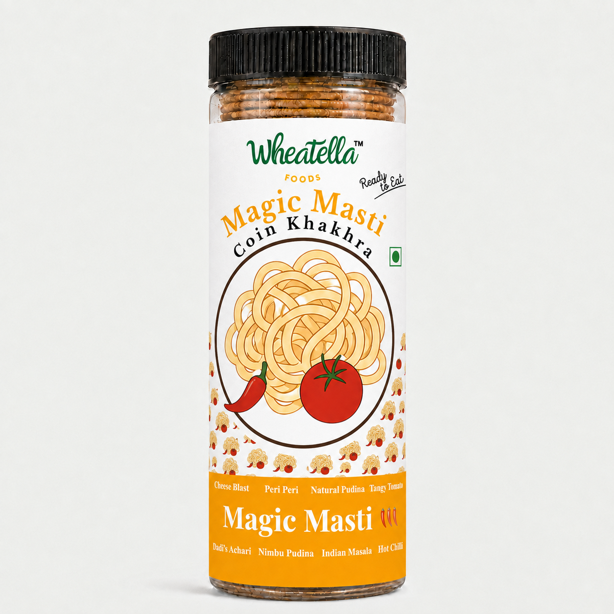 Wheatella Magic Masti Coin Khakhra PET jar filled with roasted, crispy and bite-sized khakhra.