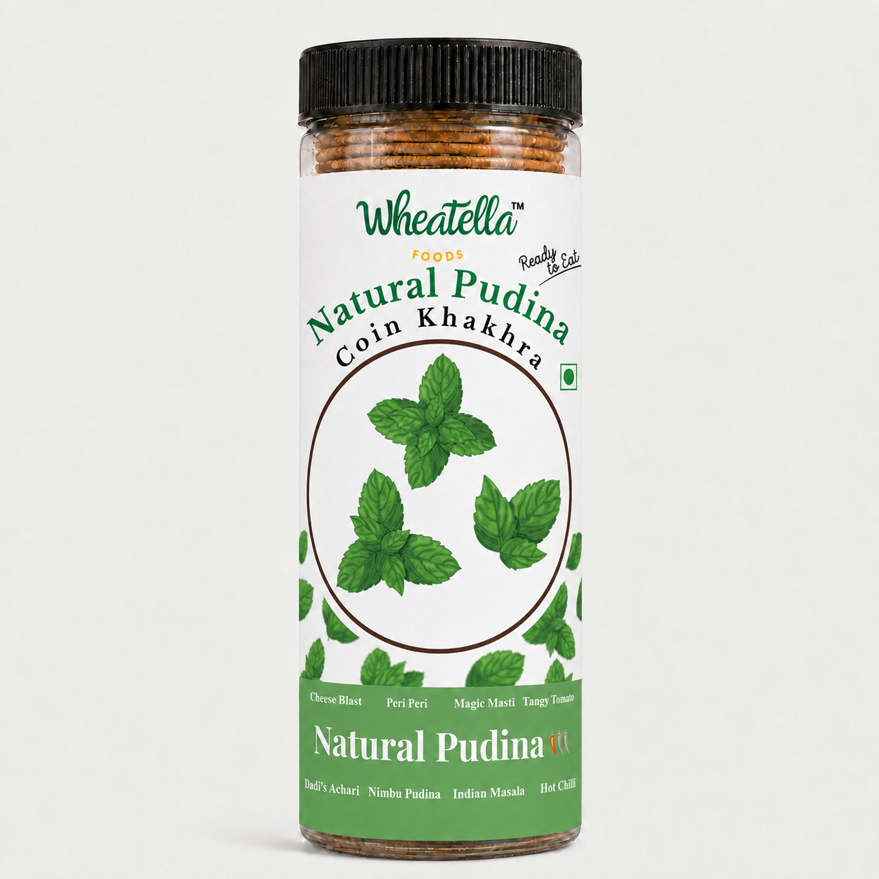 Wheatella Natural Pudina Coin Khakhra PET jar filled with roasted, crispy and bite-sized khakhra.