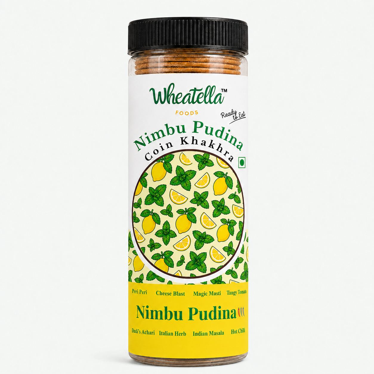 Wheatella Nimbu Pudina Coin Khakhra PET jar filled with roasted, crispy and bite-sized khakhra.