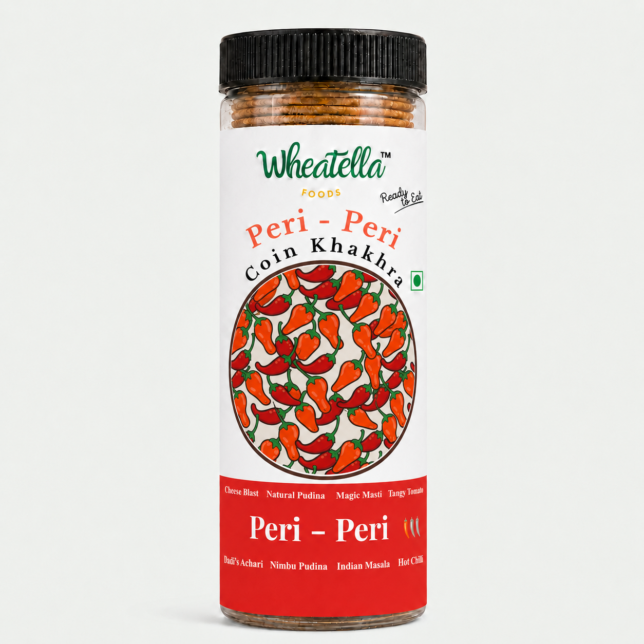 Wheatella Peri - Peri Coin Khakhra PET jar filled with spicy, roasted and crispy bite-sized khakhra.