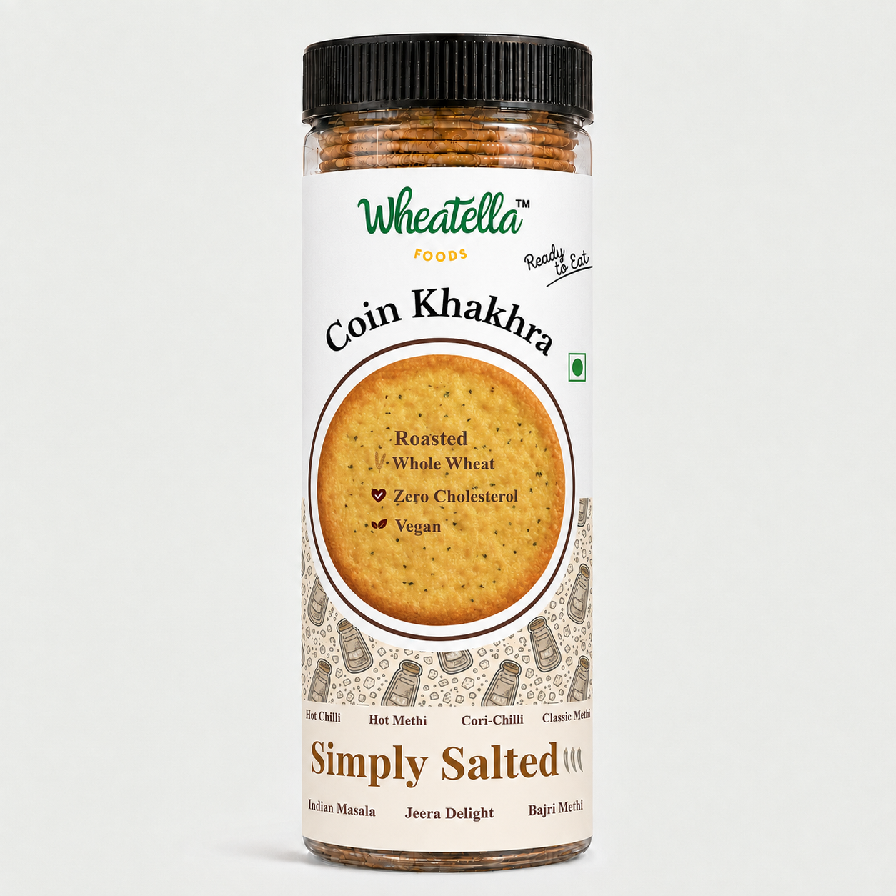 Wheatella Simply Salted Coin Khakhra PET jar filled with roasted, crispy, bite-sized khakhra.