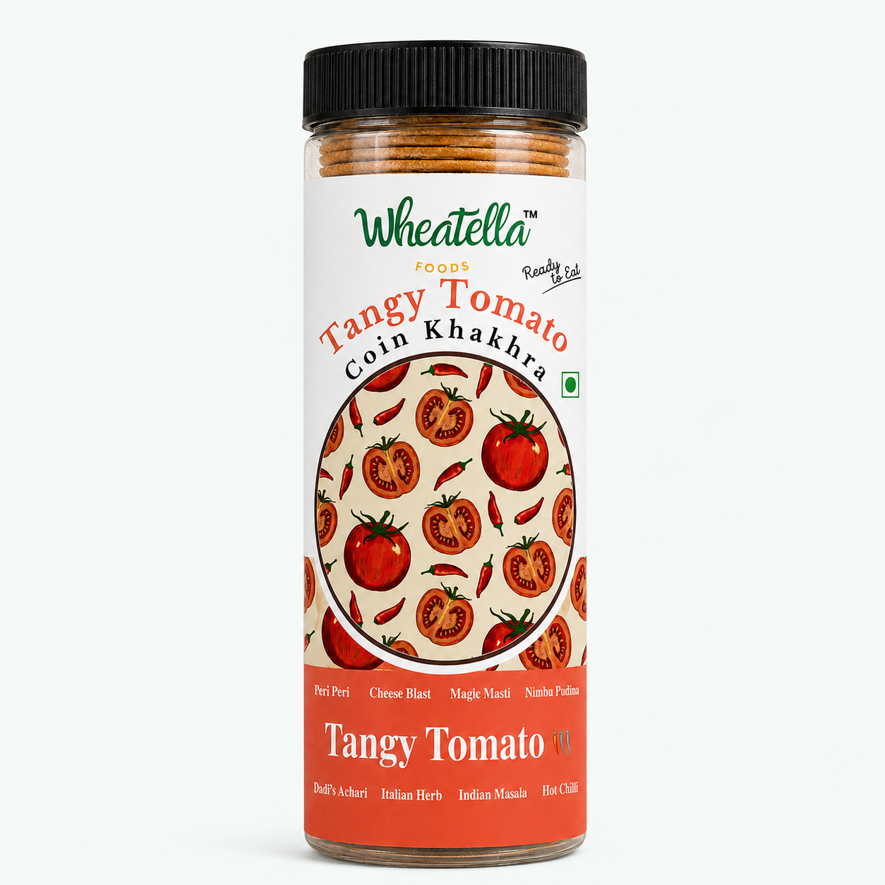 Wheatella Tangy Tomato Coin Khakhra PET jar filled with roasted, crispy and bite-sized khakhra.