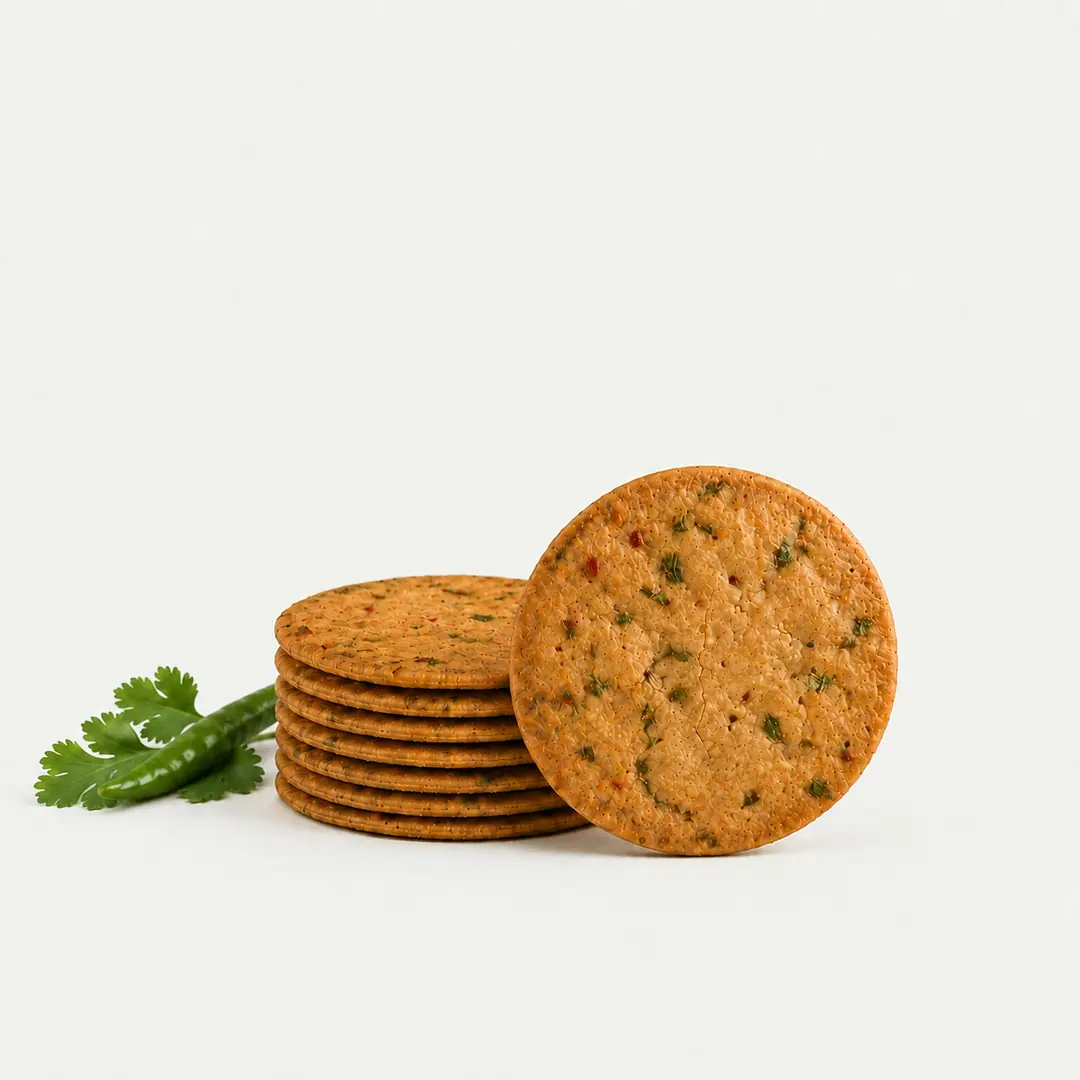 Wheatella Cori Chilli coin khakhra with fresh coriander leaves and green chillies