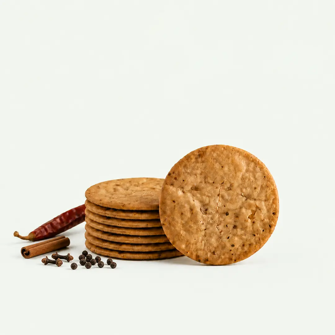 Wheatella Indian Masala coin khakhra with red chilli, black pepper, cloves and cinnamon