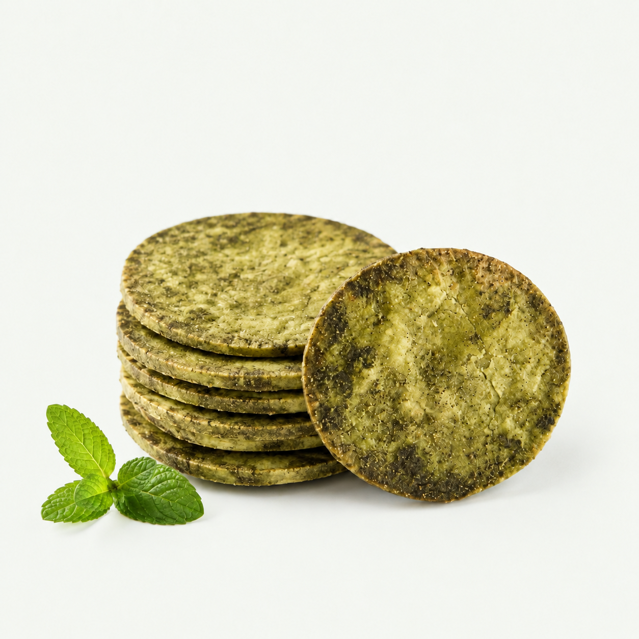 Wheatella Natural Pudina coin khakhra with fresh mint leaves